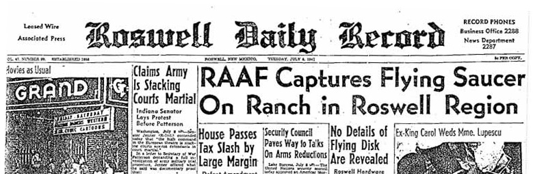 Image of the Roswell Daily Record (a newspaper) from 1947 with headline: "RAAF Captures Flying Saucer On Ranch in Roswell Region"