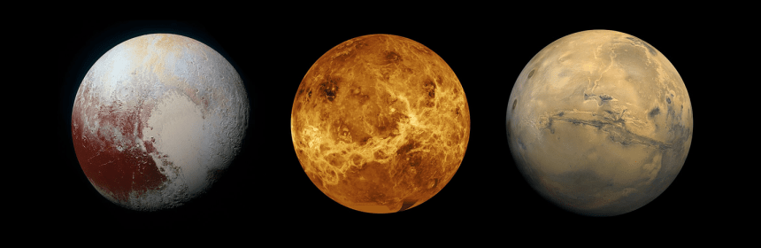 Photographs of three planets against a black background. In order from left to right: Pluto, Venus, and Mars.