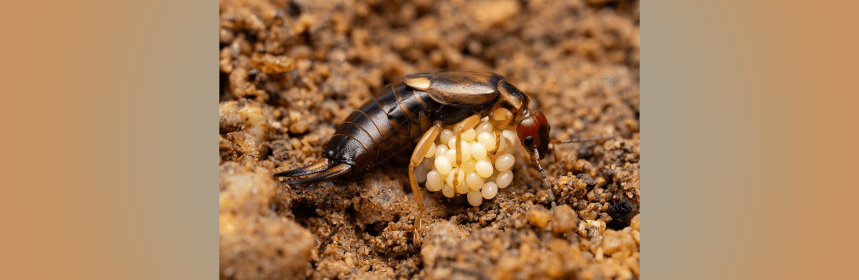 Photograph of an adult earwig guarding her eggs.
