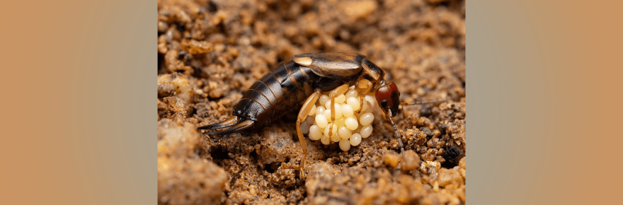 Photograph of an adult earwig guarding her eggs.